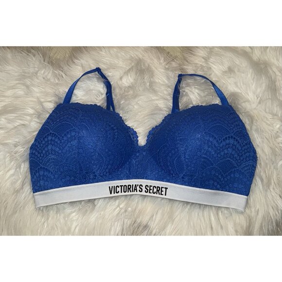 Victorias Secret Lined No Wire Bra Lace Spell Out Womens 38C Blue - Picture 2 of 6